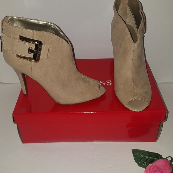 Guess Suede Dakayla Beige Open Peep Toe Heeled Ankle Booties 7 M - Picture 6 of 8